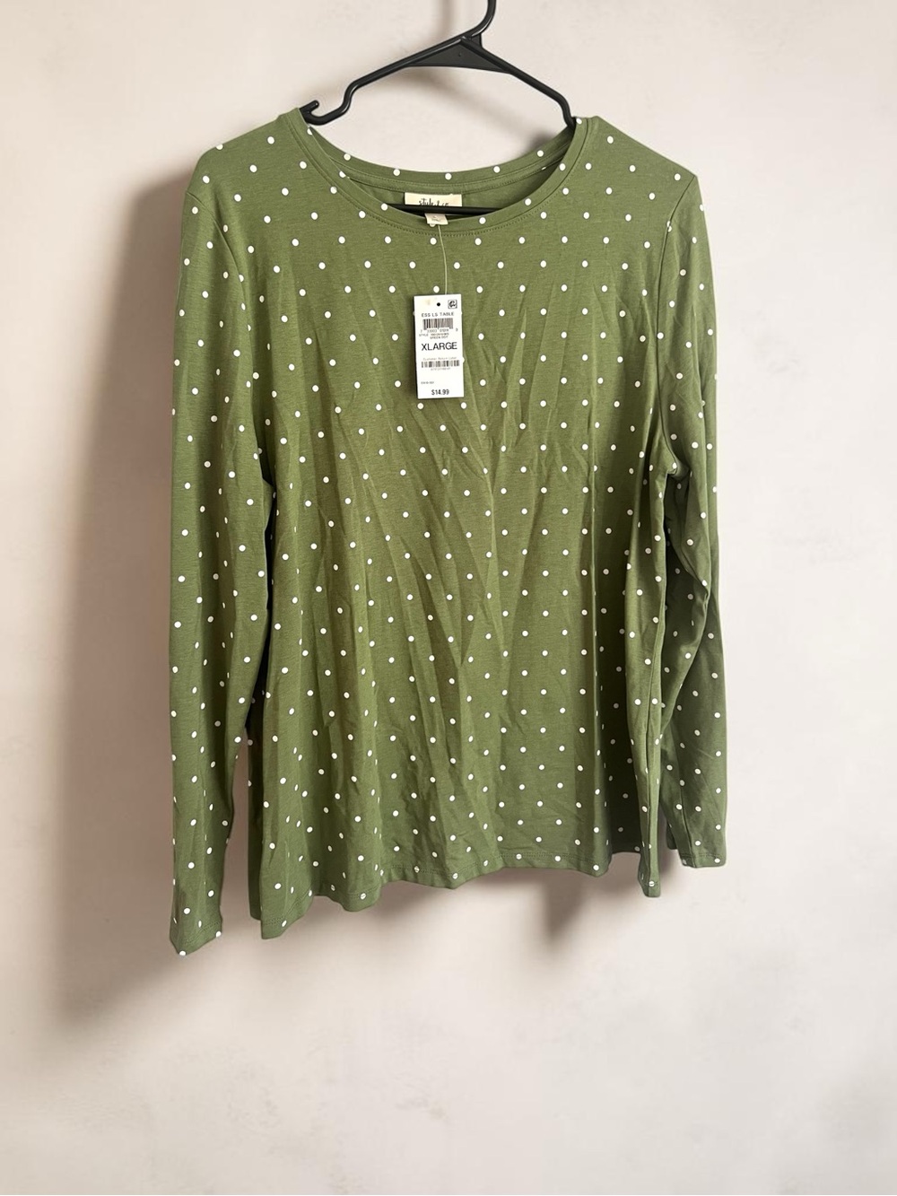 Style & Co. Olive Green Long-Sleeve Polka Dot Tee